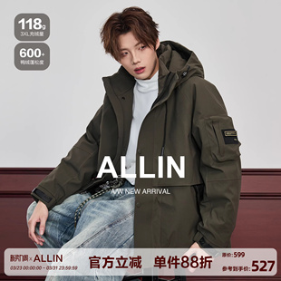 加厚保暖情侣潮牌帅气青少年短款 羽绒服男冬季 外套 连帽工装 ALLIN
