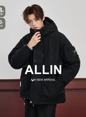 ALLIN 黑色连帽羽绒服男冬季加厚保暖冲锋工装衣夹克情侣潮牌外套
