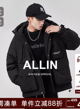ALLIN 黑色连帽羽绒服男款冬季鸭绒美式潮牌加厚保暖情侣工装外套