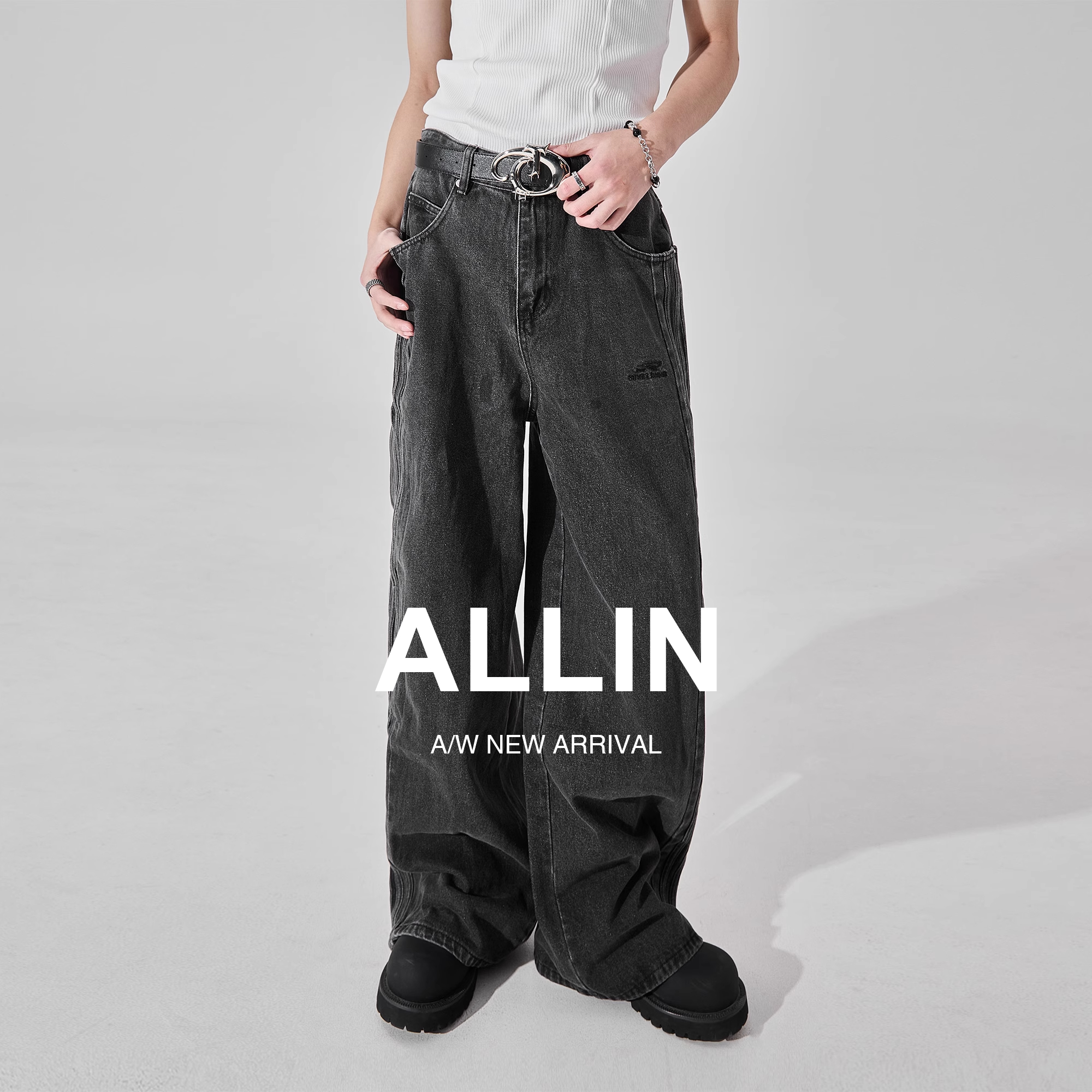 ALLIN水洗黑排扣设计baggy牛仔裤男美式高街vibe痞帅直筒阔腿长裤