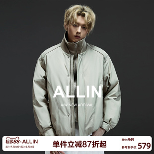 ALLIN 假两件棒球领羽绒服男秋冬季高领毛衣拼接夹克情侣短款外套
