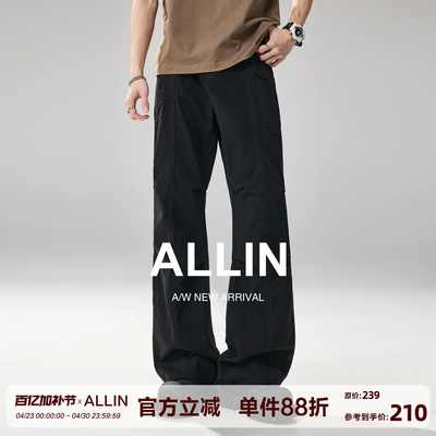 ALLIN 黑色拼接解构微喇牛仔裤男士夏季2021M版型阔腿休闲长裤子