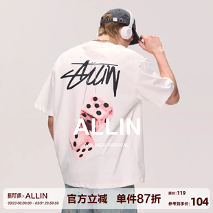 潮牌骰子字母印花情侣半袖 t恤男夏季 上衣 白色纯棉重磅短袖 ALLIN