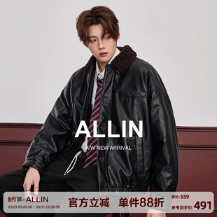 ALLIN 宽松羊羔毛翻领加绒加厚保暖夹克 黑色机车皮衣外套男女冬季