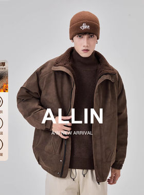 ALLIN 美式复古棕色外套男秋冬季美拉德加绒加厚宽松机车情侣夹克