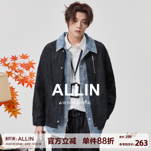 ALLIN 情侣潮牌拼接cleanfit翻领夹克 假两件水洗牛仔外套男春秋季