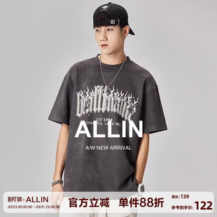 潮牌高街字母印花五分半袖 ALLIN 美式 t恤男夏季 情侣上衣 灰色短袖