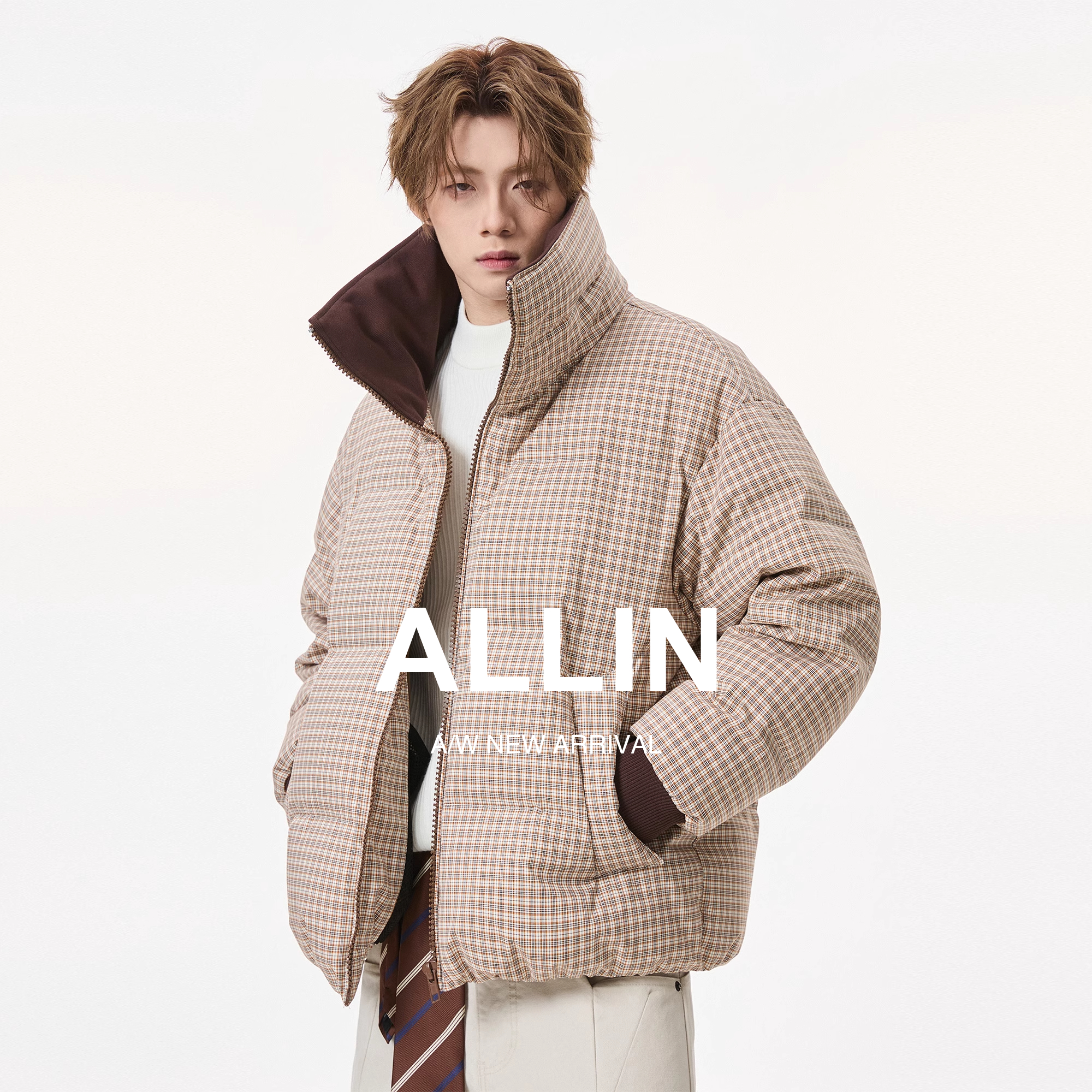 ALLIN 千鸟格子鸭绒羽绒服男生冬季加厚保暖撞色情侣防寒短款外套
