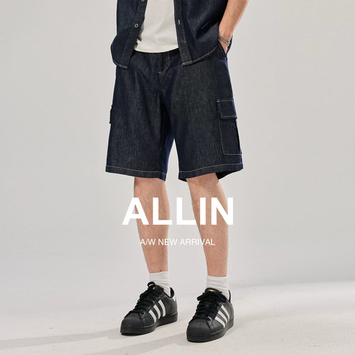 ALLIN 男士原色牛仔工装夏季短裤潮牌多口袋宽松直筒百搭五分中裤