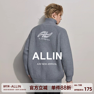 ALLIN 灰色重磅高领毛衣外套男春秋潮牌cleanfit慵懒情侣针织开衫