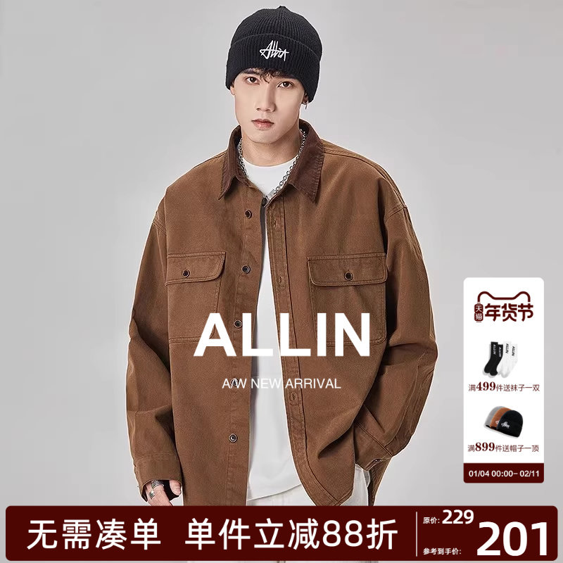 ALLIN 工装美式复古衬衫男秋冬宽松夹克翻领痞帅外穿口袋衬衣外套,男装,衬衫,淘宝优惠券,粉丝福利购,淘宝优惠卷