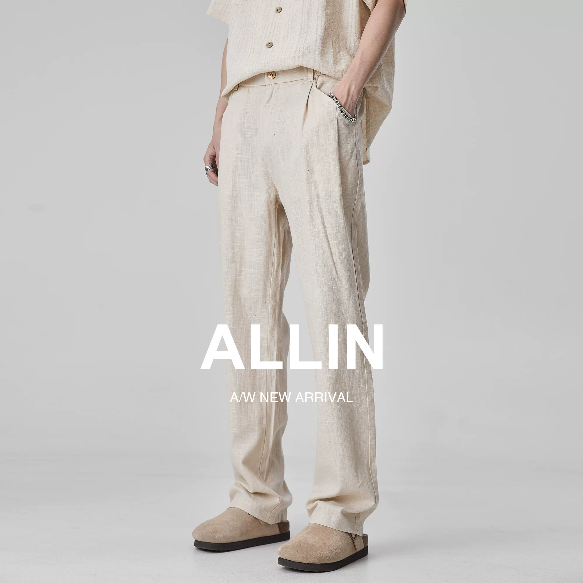 ALLIN 浅色亚麻休闲裤男夏季薄款透气西裤复古潮牌直筒百搭长裤