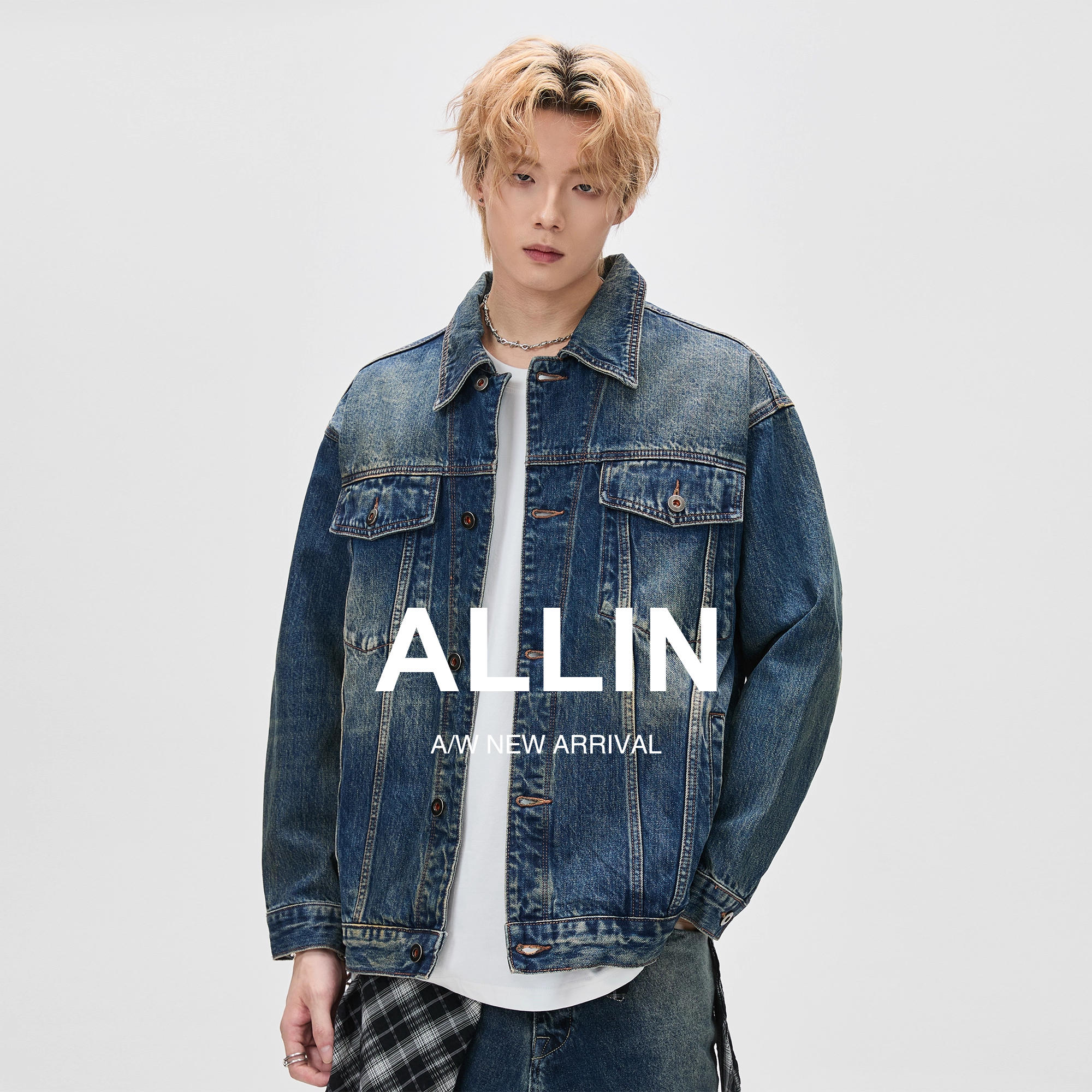 ALLIN 复古做旧对称翻盖口袋牛仔夹克男秋冬美式百搭情侣牛仔外套