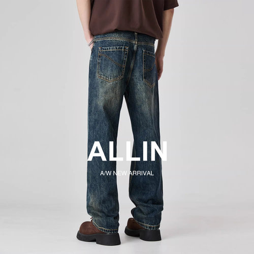 ALLIN 水洗复古牛仔裤男士夏季美式高街蓝色休闲百搭宽松直筒裤子