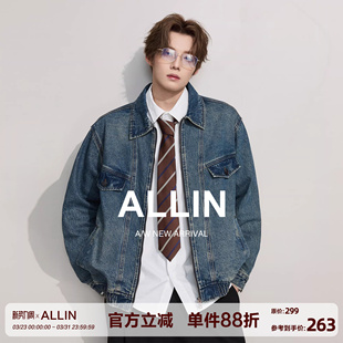 情侣宽松休闲cleanfit翻领外套 水洗牛仔衣外套男春秋季 ALLIN 美式