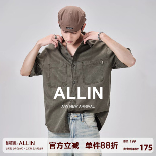 复古潮牌翻领上衣工装 ALLIN 男夏季 牛仔衬衫 衬衣外套 水洗做旧短袖