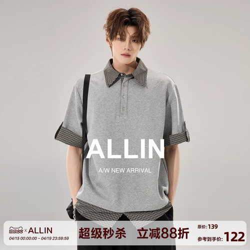 ALLIN 格子衬衫翻领拼接短袖polo衫男夏季假两件T恤情侣重磅上衣