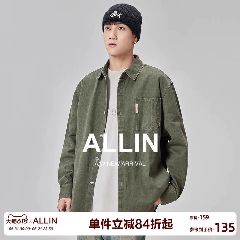 ALLIN 美式工装衬衫男春秋长袖休闲翻领衬衣复古潮牌潮流男士外套