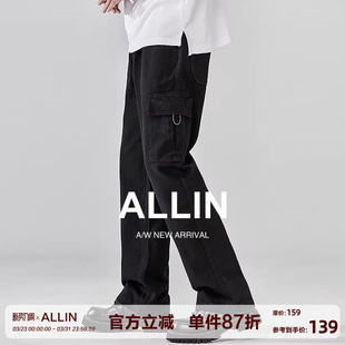 黑色休闲牛仔裤 裤 男春秋季 高街潮牌宽松直筒阔腿工装 子 美式 ALLIN