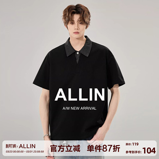 男款 polo衫 夏季 美式 领拼接情侣休闲T恤 ALLIN 潮牌衬衫 假两件短袖