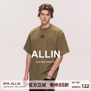 撞色条纹潮牌情侣短袖 重磅潮流复古体恤半袖 t恤男上衣 夏季 ALLIN