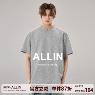 潮牌重磅落肩袖 T恤男生夏季 休闲情侣上衣 小V领解构拼接短袖 ALLIN