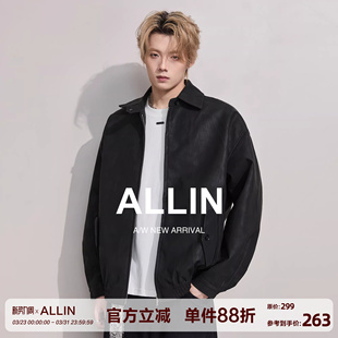 ALLIN 痞帅情侣外套 黑色cleanfit翻领PU皮夹克男春秋潮牌机车大码