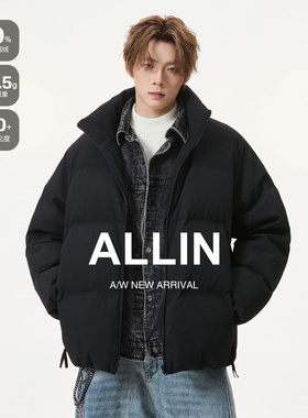 ALLIN 黑色短款假两件羽绒服男冬季保暖cleanfit廓形立领情侣外套
