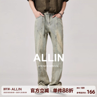 美式 直筒高街拼接水洗裤 黄泥染牛仔裤 微喇修身 子 男春秋窄版 ALLIN