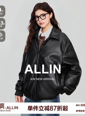 ALLIN 黑色cleanfit翻领PU皮衣羽绒服女冬季保暖情侣机车夹克外套