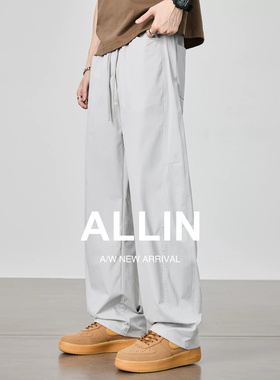 ALLIN 男士浅灰色工装长裤夏季薄款日系宽松抽绳阔腿凉感工装长裤