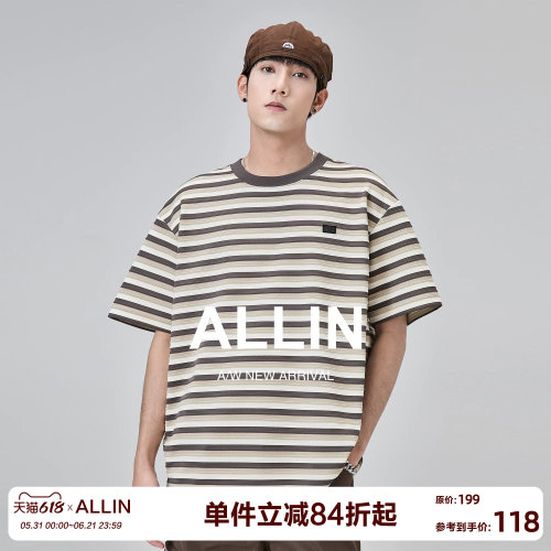 ALLIN 条纹撞色短袖t恤男夏季潮牌潮流复古圆领半袖情侣重磅上衣
