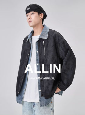 ALLIN 牛仔拼接假两件翻领外套男秋冬新款潮流痞帅衬衫领夹克上衣