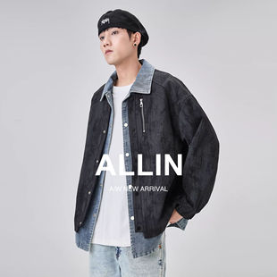 领夹克上衣 潮流痞帅衬衫 ALLIN 牛仔拼接假两件翻领外套男秋冬新款