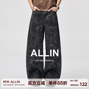 男春秋cleanfit水洗宽松阔腿长裤 印花解构弯刀牛仔裤 子 美式 ALLIN