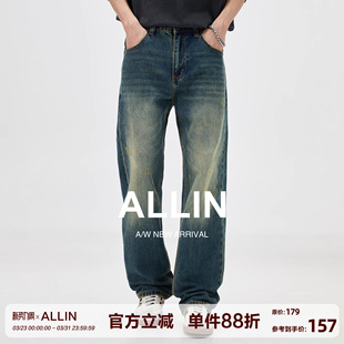 男春秋阔腿宽松直筒微喇长裤 高街水洗cleanfit牛仔裤 子 美式 ALLIN