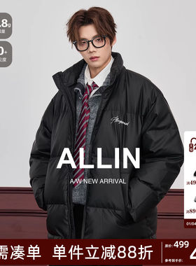 ALLIN 黑色鸭绒立领面包羽绒服男款冬季宽松轻薄保暖印花情侣外套