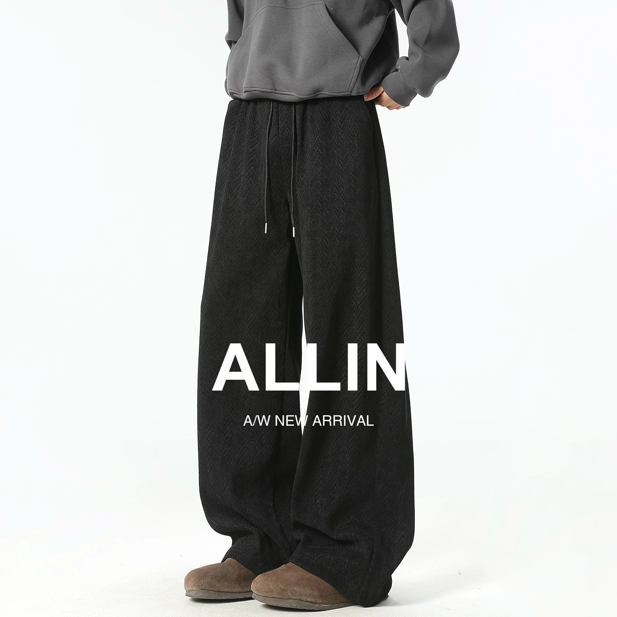 ALLIN 复古风直筒阔腿裤男士人字纹面料垂感舒适日系松弛青年长裤