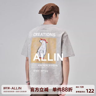 重磅宽松百搭圆领五分半袖 ALLIN 美式 T恤男夏季 上衣 卡通印花短袖