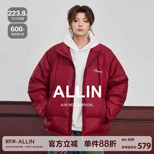 面包服情侣保暖防寒外套 加厚PU皮短款 ALLIN 红色立领羽绒服男冬季