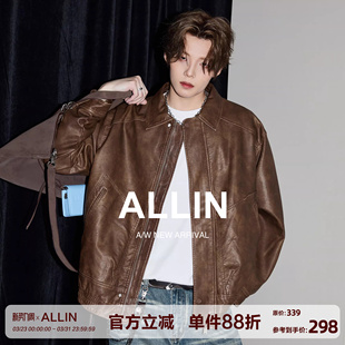 ALLIN 复古PU皮夹克男春秋cleanfit翻领机车休闲情侣皮衣外套 美式