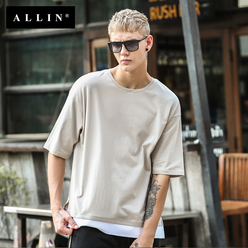 Allin男士短袖 夏季簡約寬松體恤假兩件oversize五分袖半袖T恤潮