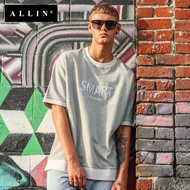 Allin男士短袖T恤 2018夏季oversize上衣帥氣印花潮流男灰色體恤