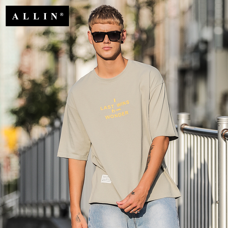 ALLIN短袖T恤 2018夏季新款男士草綠寬松ins青年學生男半袖潮牌t
