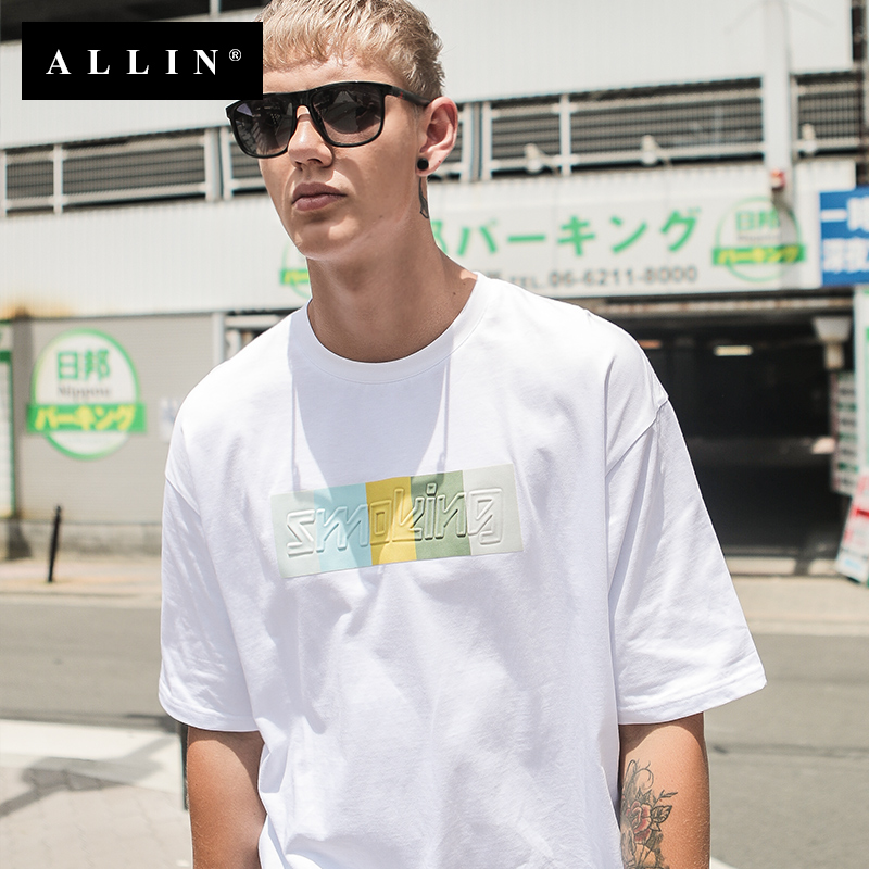 ALLIN短袖T恤 2018夏季新款男士印花寬松落肩凹凸印花半袖潮牌t