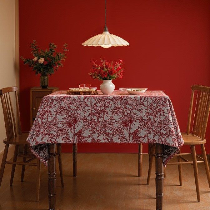 红色喜庆餐桌布圣诞节氛围感装饰长条桌布美式植物花卉茶几台布