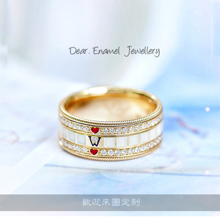 华o洛芙红木槿18K情侣珐琅彩钻石戒指旋转转动指环德国冷珐琅首饰