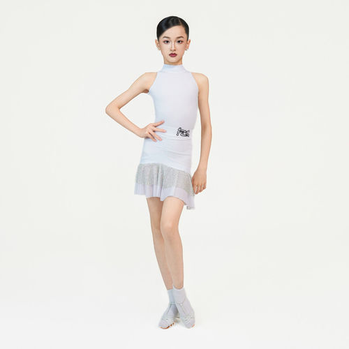 FZS DANCE L322新款拉丁舞水晶棉麻拼接贴钻网布无袖露背练功服白