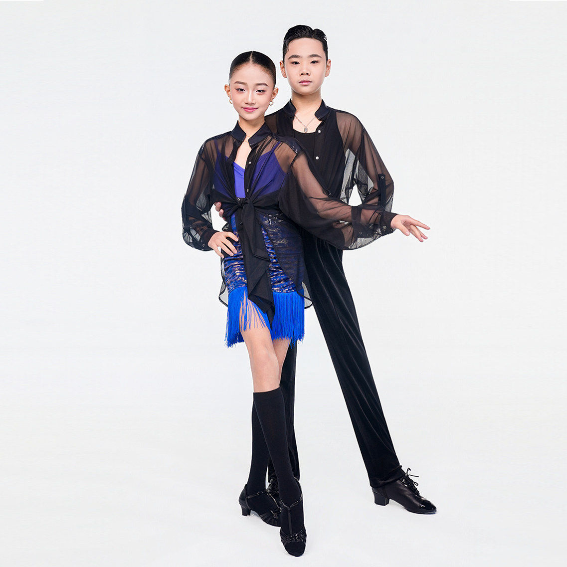 FZS DANCE SF14春季新款 男女同款拉丁舞爽肤皮拼透明网纱衬衫 黑