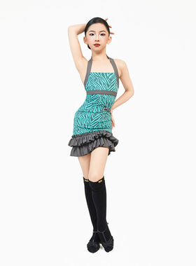 FZS DANCE L331夏季新款拉丁舞女斑马纹挂脖荷叶边练功服 灰绿